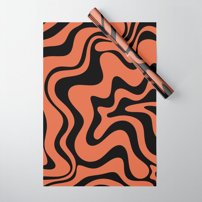 Retro Liquid Swirl Abstract Pattern in Black and Orange Wrapping Paper Gallery Image 1