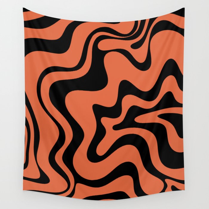 Retro Liquid Swirl Abstract Pattern in Black and Orange Wall Tapestry Gallery Image 1