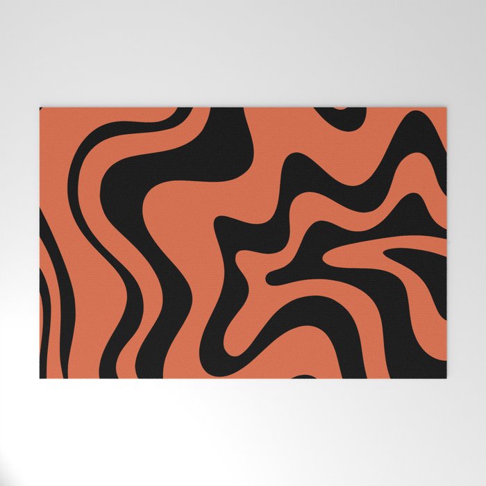 Retro Liquid Swirl Abstract Pattern in Black and Orange Welcome Mat Gallery Image 1