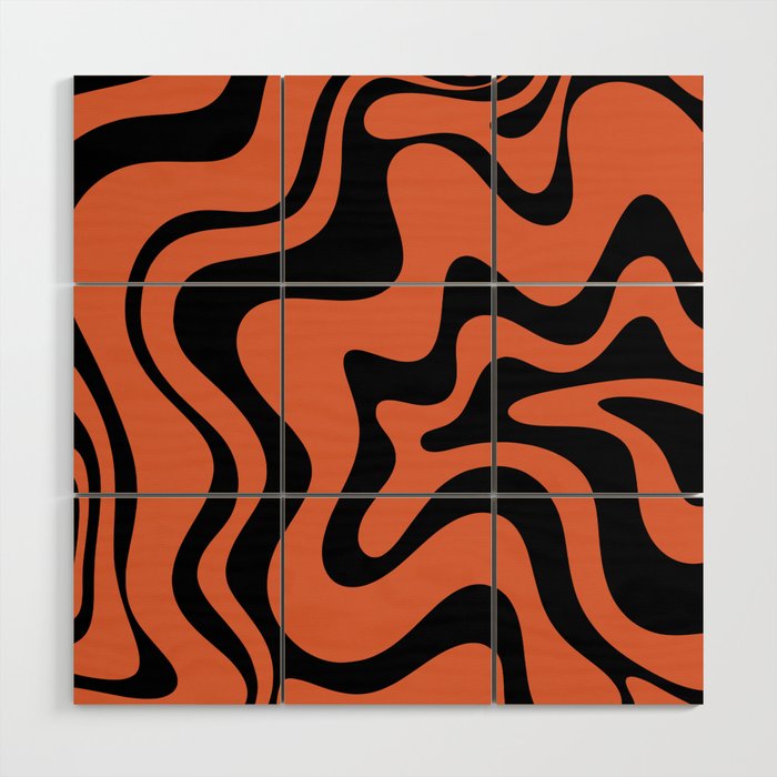 Retro Liquid Swirl Abstract Pattern in Black and Orange Wood Wall Art Gallery Image 1