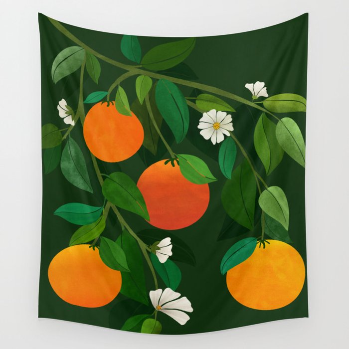Oranges and Blossoms Botanical Illustration Wall Tapestry Gallery Image 4