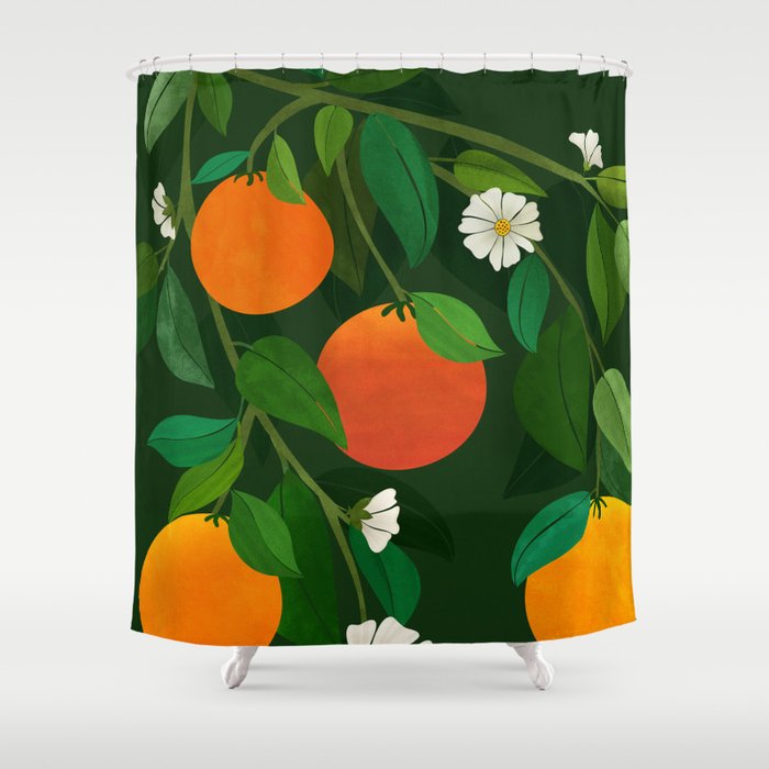 Oranges and Blossoms Botanical Illustration Shower Curtain Gallery Image 1