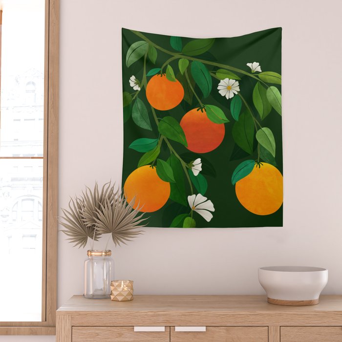 Oranges and Blossoms Botanical Illustration Wall Tapestry Gallery Image 2