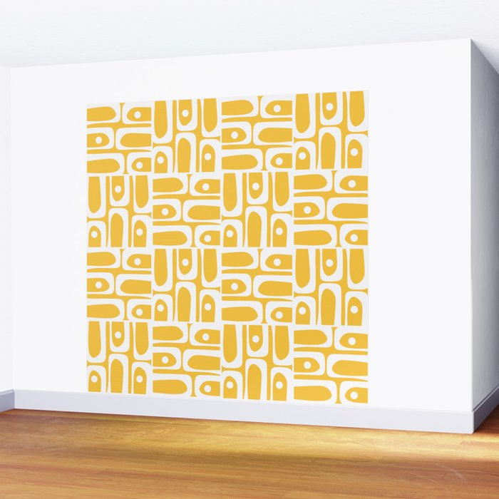 Mid Century Modern Piquet Geometric Multi Pattern Muted Mustard Yellow and White Wall Mural Gallery Image 2