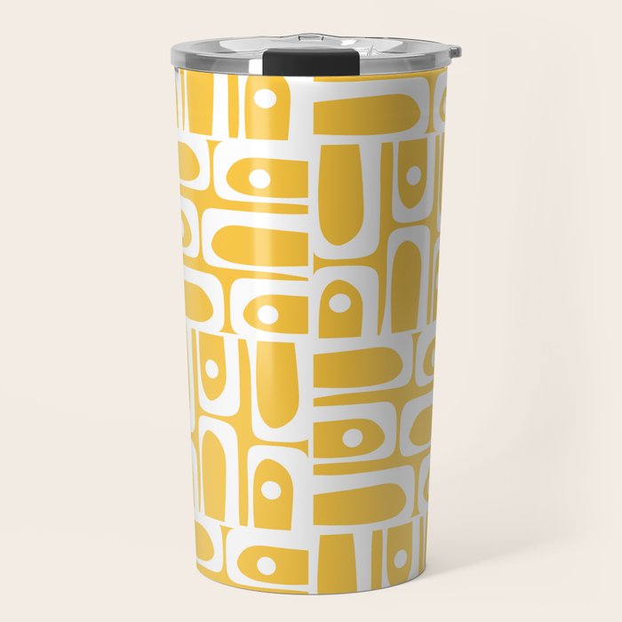 Mid Century Modern Piquet Geometric Multi Pattern Muted Mustard Yellow and White Travel Mug Gallery Image 1