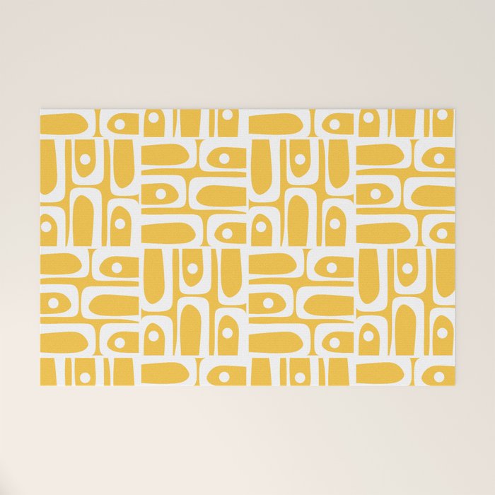 Mid Century Modern Piquet Geometric Multi Pattern Muted Mustard Yellow and White Welcome Mat Gallery Image 1