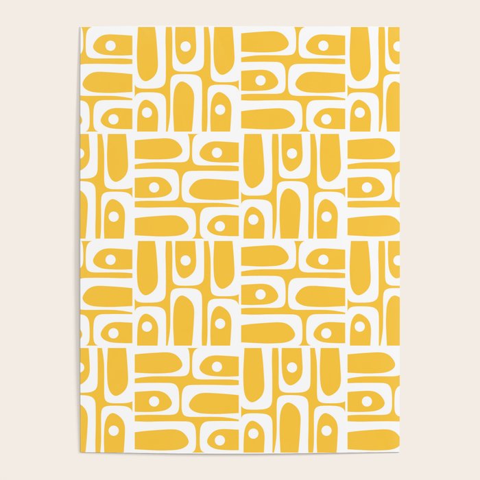 Mid Century Modern Piquet Geometric Multi Pattern Muted Mustard Yellow and White Poster Gallery Image 1