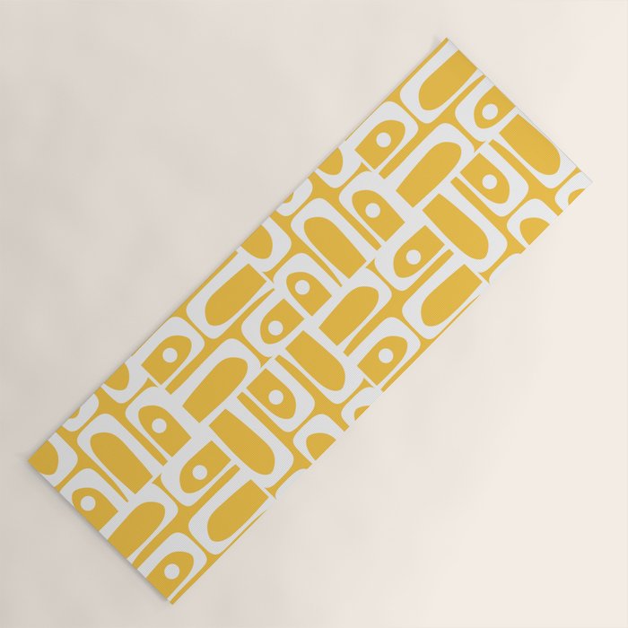 Mid Century Modern Piquet Geometric Multi Pattern Muted Mustard Yellow and White Yoga Mat Gallery Image 1