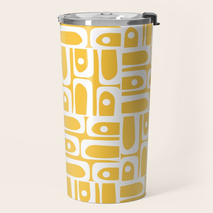 Mid Century Modern Piquet Geometric Multi Pattern Muted Mustard Yellow and White Travel Mug Gallery Image 2