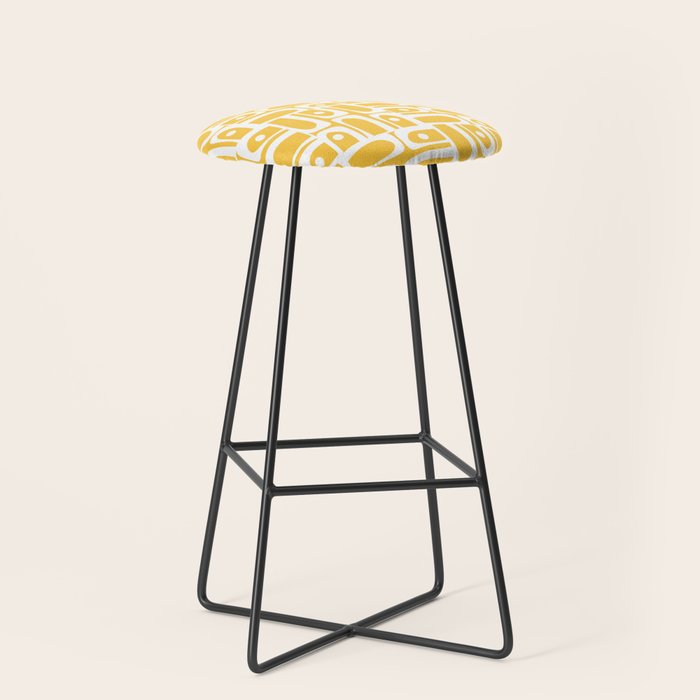Mid Century Modern Piquet Geometric Multi Pattern Muted Mustard Yellow and White Stool Gallery Image 1