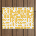 Mid Century Modern Piquet Geometric Multi Pattern Muted Mustard Yellow and White Outdoor Rug Gallery Image 1