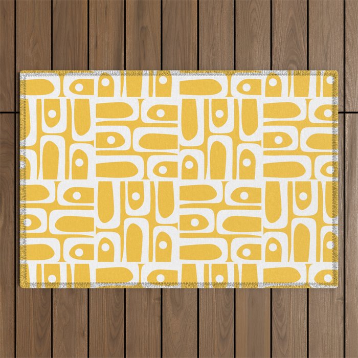 Mid Century Modern Piquet Geometric Multi Pattern Muted Mustard Yellow and White Outdoor Rug Gallery Image 1