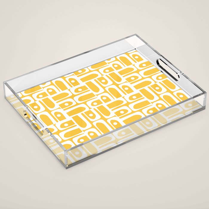 Mid Century Modern Piquet Geometric Multi Pattern Muted Mustard Yellow and White Acrylic Tray Gallery Image 1