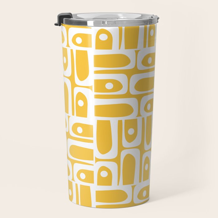Mid Century Modern Piquet Geometric Multi Pattern Muted Mustard Yellow and White Travel Mug Gallery Image 3