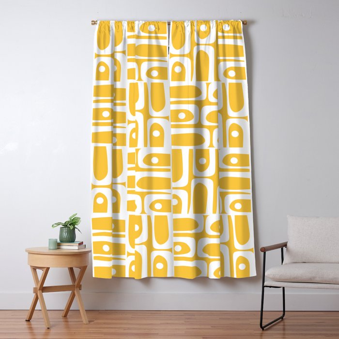 Mid Century Modern Piquet Geometric Multi Pattern Muted Mustard Yellow and White Window Curtain Gallery Image 5