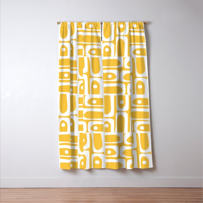 Mid Century Modern Piquet Geometric Multi Pattern Muted Mustard Yellow and White Window Curtain Gallery Image 3