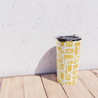 Mid Century Modern Piquet Geometric Multi Pattern Muted Mustard Yellow and White Travel Mug Gallery Image 4