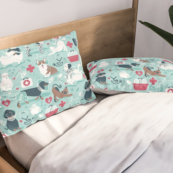 Veterinary medicine, happy and healthy friends // aqua background Pillow Sham Gallery Image 2