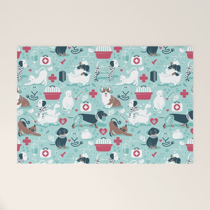 Veterinary medicine, happy and healthy friends // aqua background Welcome Mat Gallery Image 1