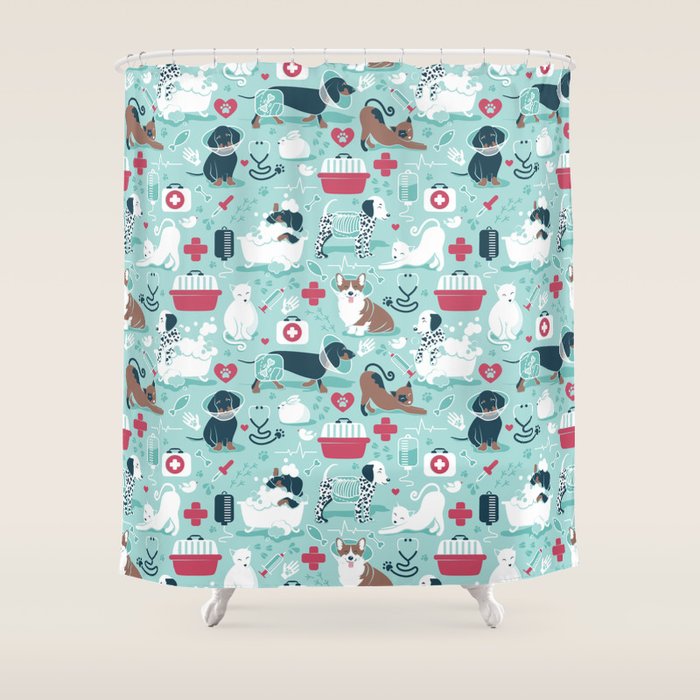 Veterinary medicine, happy and healthy friends // aqua background Shower Curtain Gallery Image 1