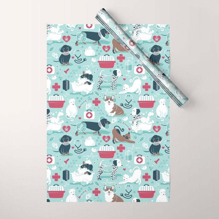 Veterinary medicine, happy and healthy friends // aqua background Wrapping Paper Gallery Image 1