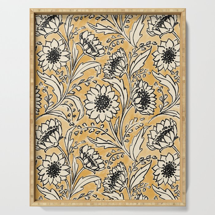 Sunflowers - black and ochre on cream Serving Tray Gallery Image 1