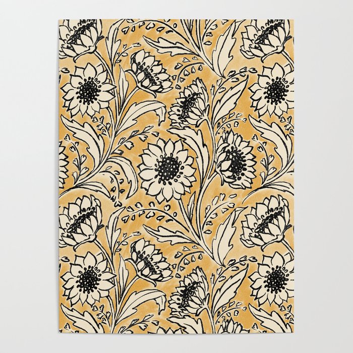 Sunflowers - black and ochre on cream Poster Gallery Image 1