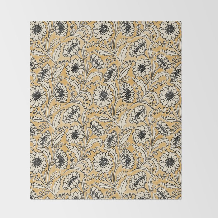 Sunflowers - black and ochre on cream Throw Blanket Gallery Image 2