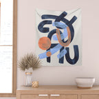 Midcentury Modern Minimalist Funky Cool Tribal Pattern Paynes Grey Pastel Blue Tan Shapes by Ejaaz Haniff Wall Tapestry Gallery Image 2