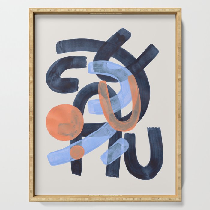 Midcentury Modern Minimalist Funky Cool Tribal Pattern Paynes Grey Pastel Blue Tan Shapes by Ejaaz Haniff Serving Tray Gallery Image 1