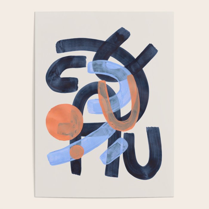 Midcentury Modern Minimalist Funky Cool Tribal Pattern Paynes Grey Pastel Blue Tan Shapes by Ejaaz Haniff Poster Gallery Image 1
