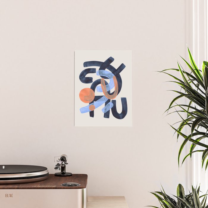 Midcentury Modern Minimalist Funky Cool Tribal Pattern Paynes Grey Pastel Blue Tan Shapes by Ejaaz Haniff Poster Gallery Image 2