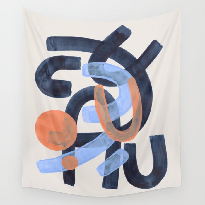 Midcentury Modern Minimalist Funky Cool Tribal Pattern Paynes Grey Pastel Blue Tan Shapes by Ejaaz Haniff Wall Tapestry Gallery Image 1
