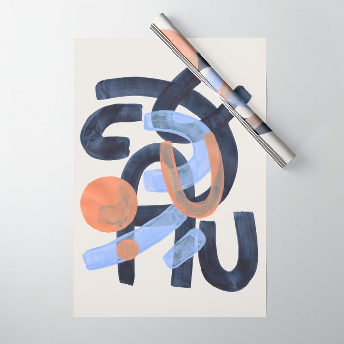 Midcentury Modern Minimalist Funky Cool Tribal Pattern Paynes Grey Pastel Blue Tan Shapes by Ejaaz Haniff Wrapping Paper Gallery Image 1