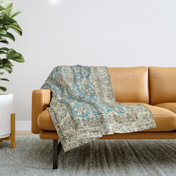 Antique Persian Rug Pastel Blue Cream Throw Blanket Gallery Image 1