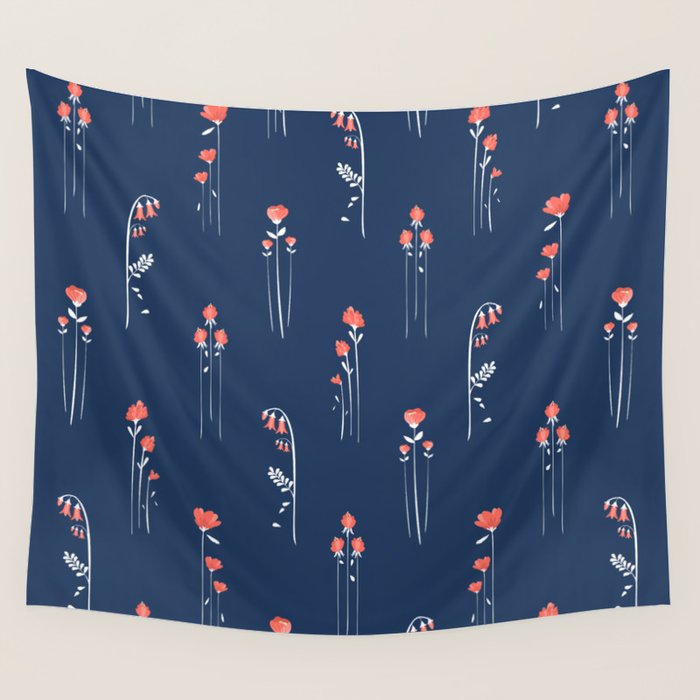 Retro Dark Flower Pattern in Modern Navy and Coral Wall Tapestry Gallery Image 4