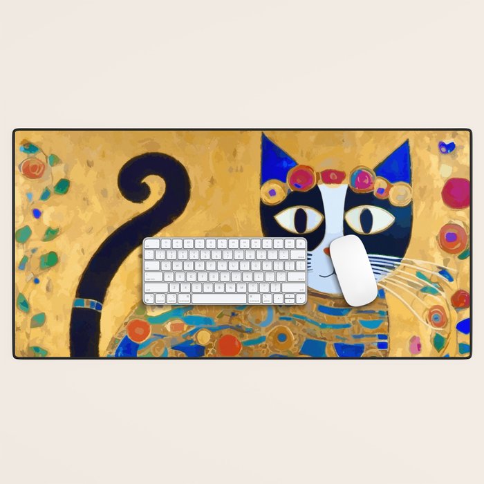 Klimt Cat with Colorful Red and Blue Flowers Desk Mat Gallery Image 1