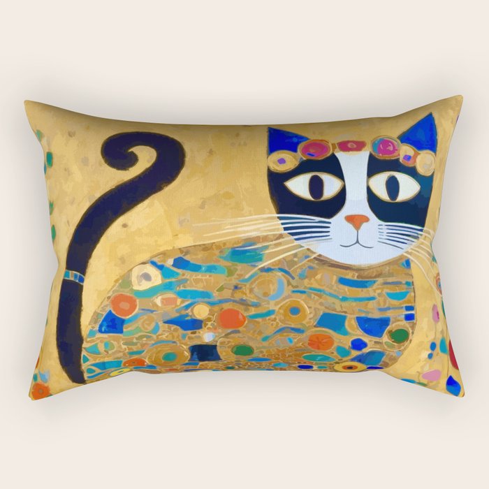 Klimt Cat with Colorful Red and Blue Flowers Rectangular Pillow Gallery Image 2