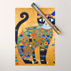 Klimt Cat with Colorful Red and Blue Flowers Wrapping Paper Gallery Image 1