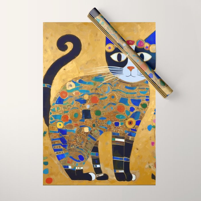 Klimt Cat with Colorful Red and Blue Flowers Wrapping Paper Gallery Image 1