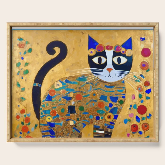 Klimt Cat with Colorful Red and Blue Flowers Serving Tray Gallery Image 1