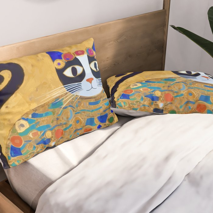 Klimt Cat with Colorful Red and Blue Flowers Pillow Sham Gallery Image 2