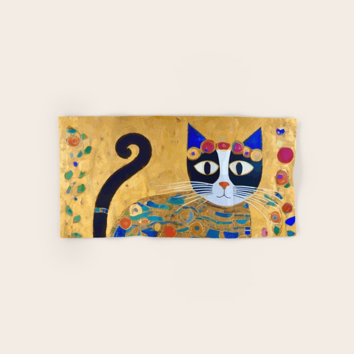 Klimt Cat with Colorful Red and Blue Flowers Bath Towel Gallery Image 1