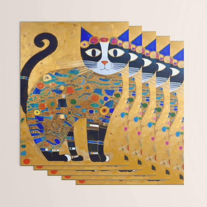 Klimt Cat with Colorful Red and Blue Flowers Wrapping Paper Gallery Image 3