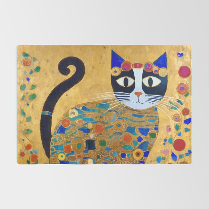 Klimt Cat with Colorful Red and Blue Flowers Rug Gallery Image 2