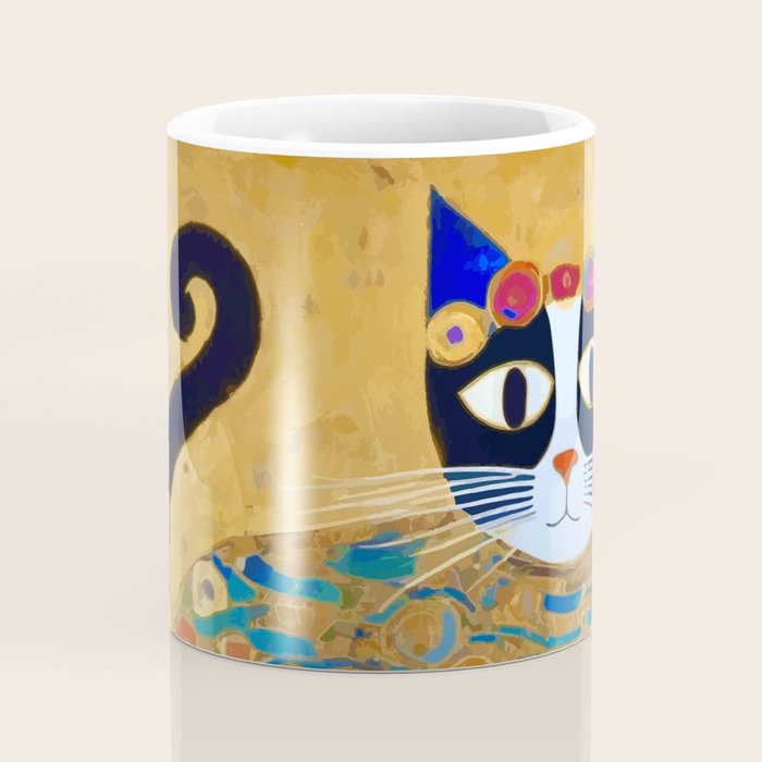 Klimt Cat with Colorful Red and Blue Flowers Coffee Mug Gallery Image 4