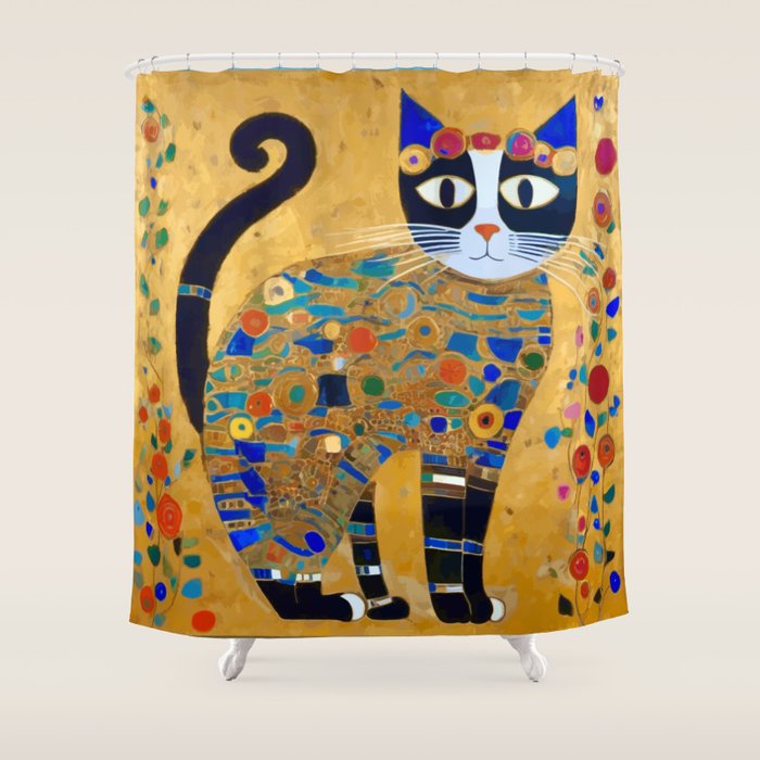 Klimt Cat with Colorful Red and Blue Flowers Shower Curtain Gallery Image 1