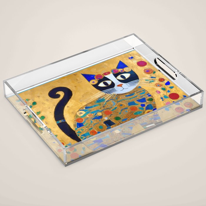 Klimt Cat with Colorful Red and Blue Flowers Acrylic Tray Gallery Image 1