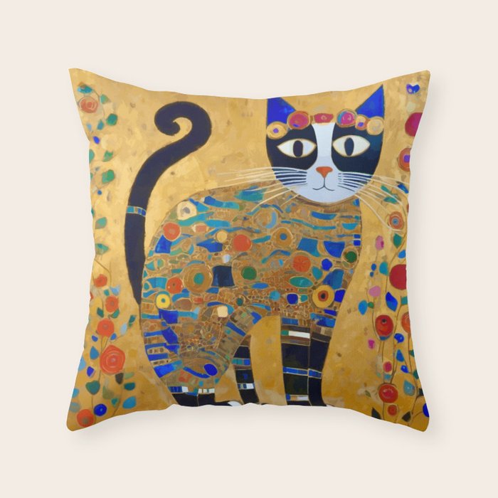 Klimt Cat with Colorful Red and Blue Flowers Throw Pillow Gallery Image 6