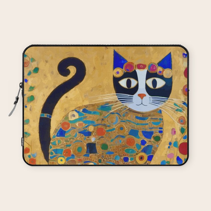 Klimt Cat with Colorful Red and Blue Flowers Laptop Sleeve Gallery Image 1